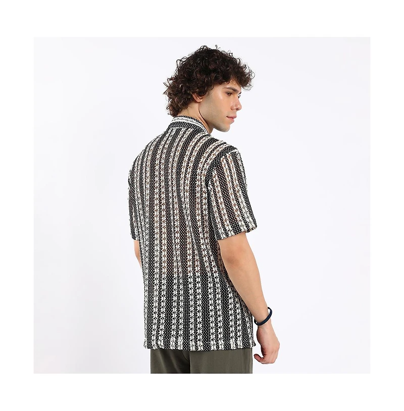 Campus Sutra Men's Cream White & Midnight Black Multitrack Knit Oversized Shirt