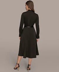 Donna Karan New York Women's Satin V-Neck Belted A-Line Midi Dress