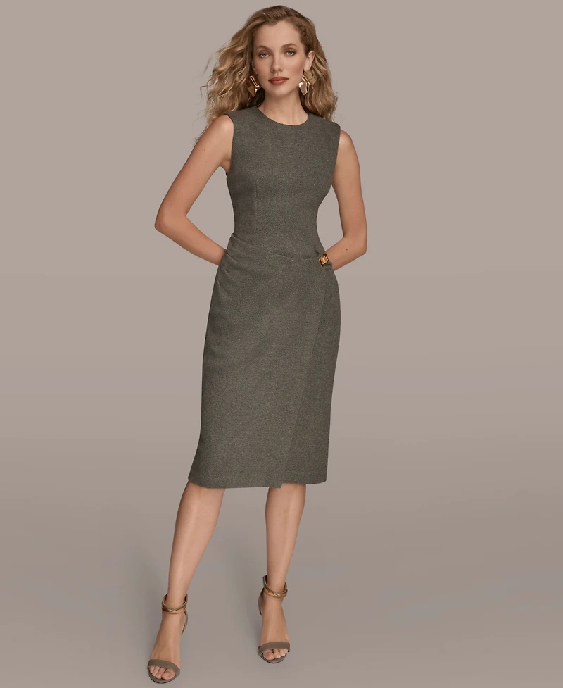 Donna Karan New York Women's Sleeveless Faux Wrap Midi Sheath Dress