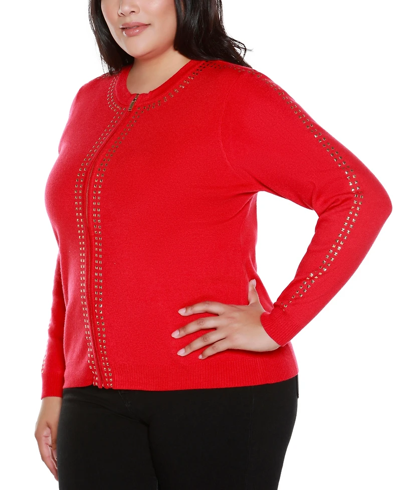 Belldini Plus Crewneck Embellished Zip Cardigan Sweater