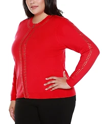 Belldini Plus Crewneck Embellished Zip Cardigan Sweater