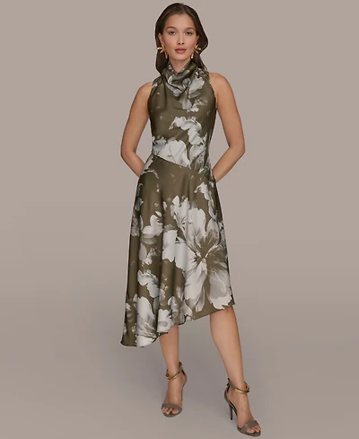 Donna Karan New York Petite Satin Asymmetrical Floral Midi Dress