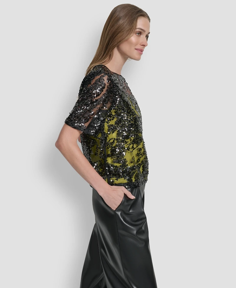 Dkny Women's Short Sleeve Sequin Overlay Boxy Top