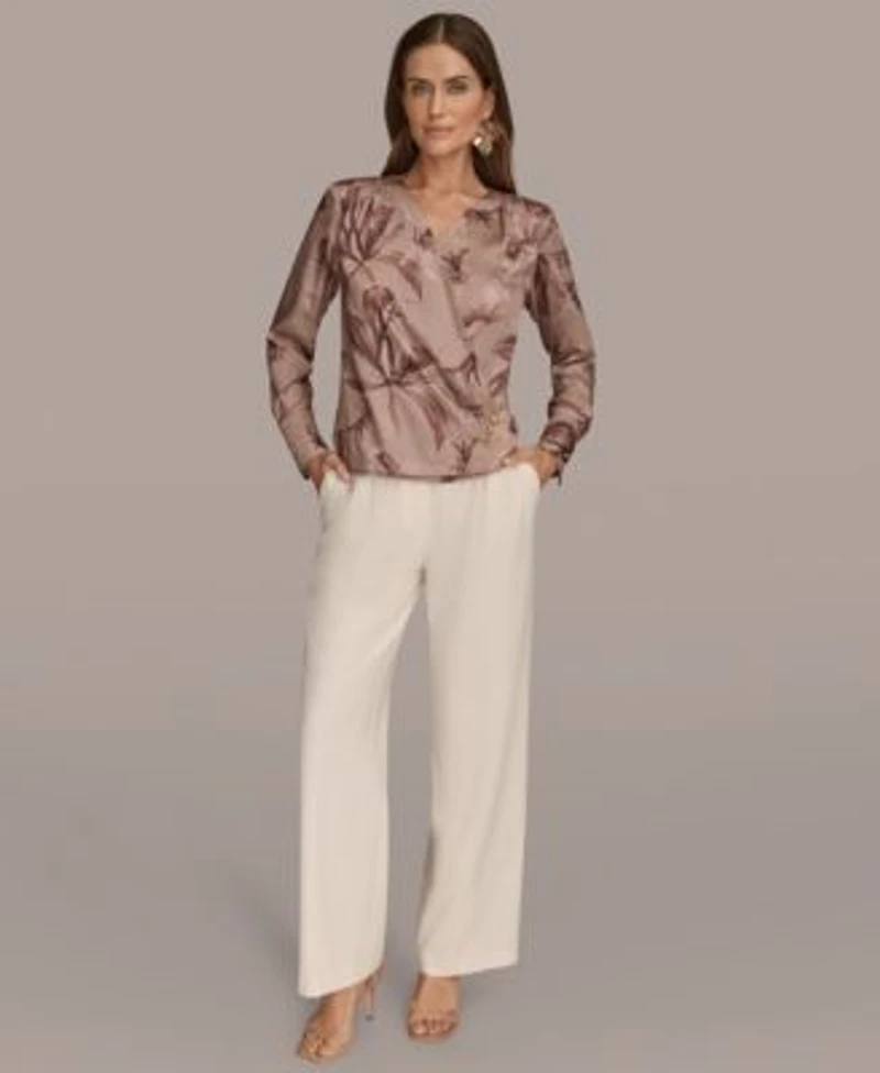 Donna Karan New York Womens Long Sleeve Printed Top Pleated Wide Leg Pants