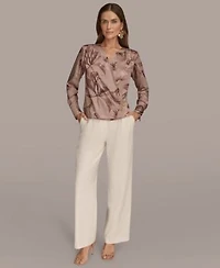 Donna Karan New York Womens Long Sleeve Printed Top Pleated Wide Leg Pants