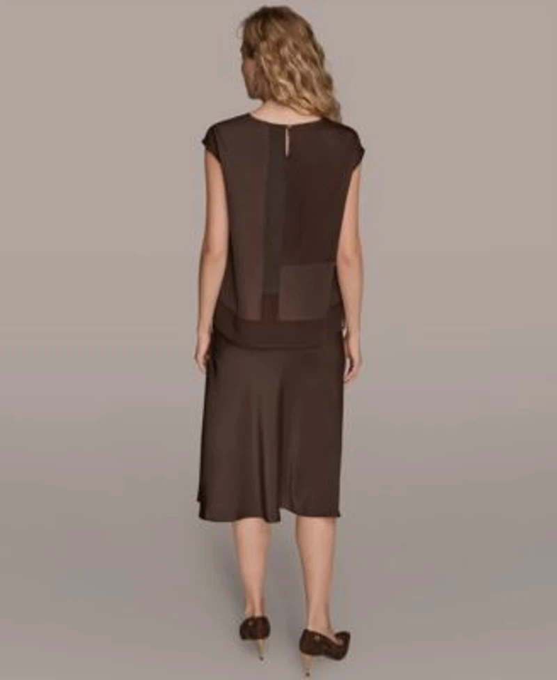 Donna Karan New York Womens Mixed Media Cap Sleeve Blouse Satin A Line Midi Skirt