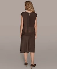 Donna Karan New York Womens Mixed Media Cap Sleeve Blouse Satin A Line Midi Skirt