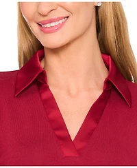 CeCe Women's Woven-Collar Knit Long-Sleeve Top
