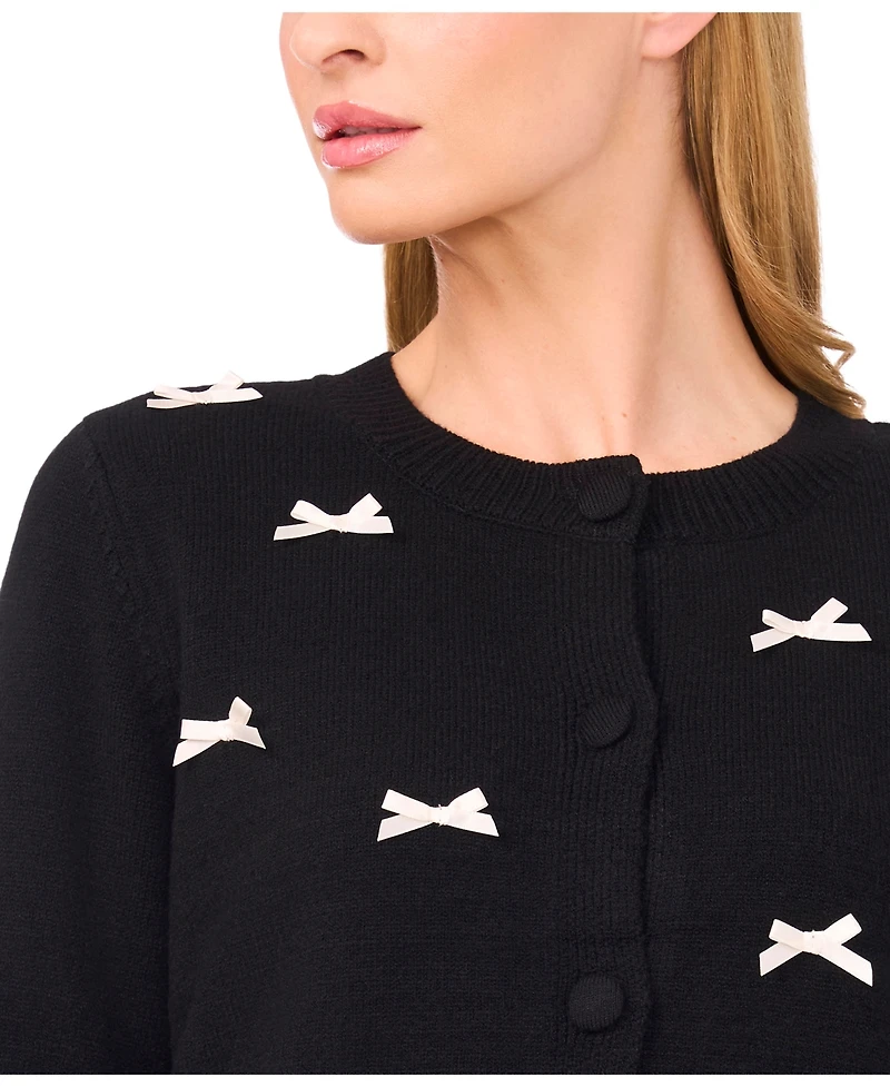 CeCe Women's Ribbon Applique Crewneck Cardigan Sweater