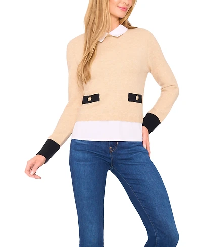 CeCe Women's Two-Fer Collared Pocket Detail Sweater
