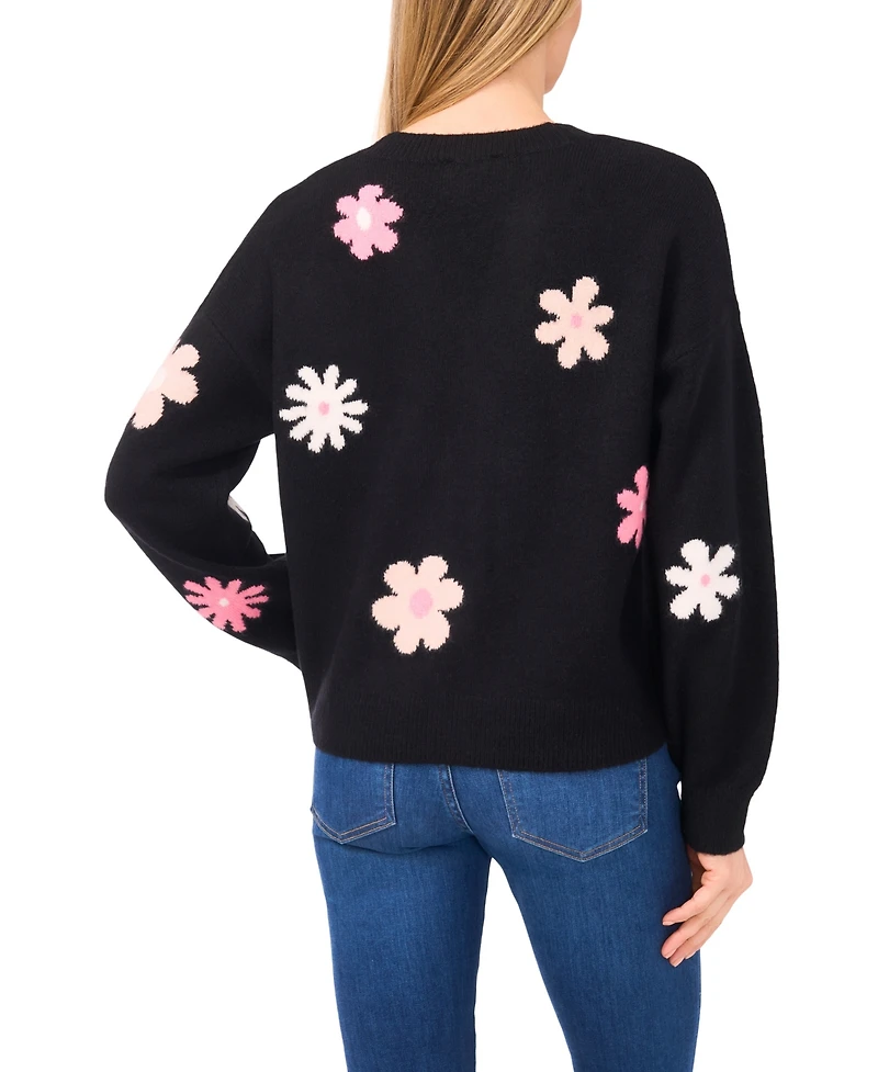 CeCe Women's Flower Pattern V-Neck Cardigan Sweater
