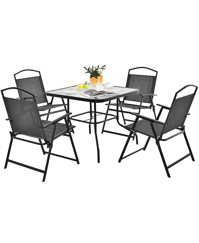 Gymax Dining Set for 4 Folding Chairs & Dining Table Set w/ Umbrella Hole Patio