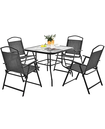 Gymax Dining Set for 4 Folding Chairs & Dining Table Set w/ Umbrella Hole Patio