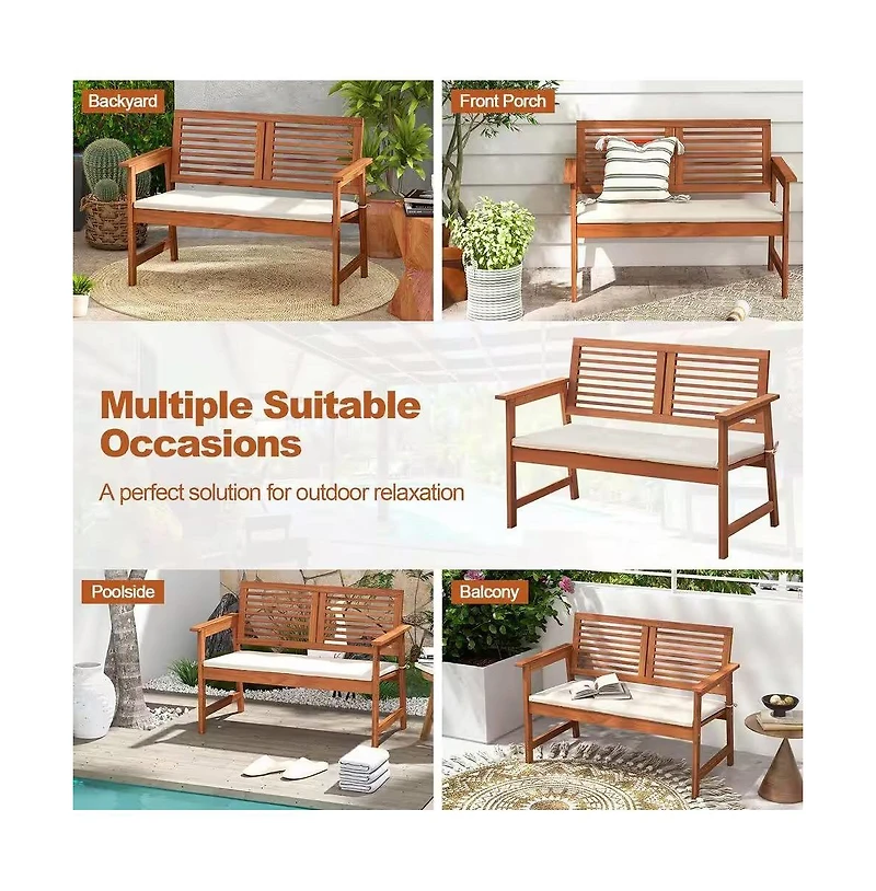 Slickblue Solid Wood Outdoor Patio Garden Bench with Slatted Back, Armrests, and Seat Cushion
