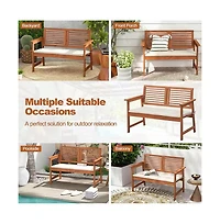 Slickblue Solid Wood Outdoor Patio Garden Bench with Slatted Back, Armrests, and Seat Cushion