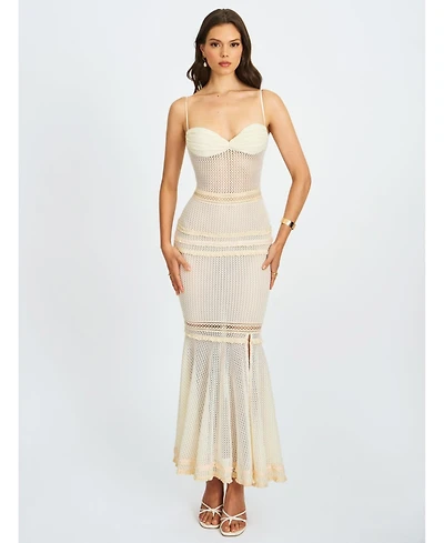 Miss Circle Women's Pallas Beige Lace Trim Crochet Mermaid Maxi Dress