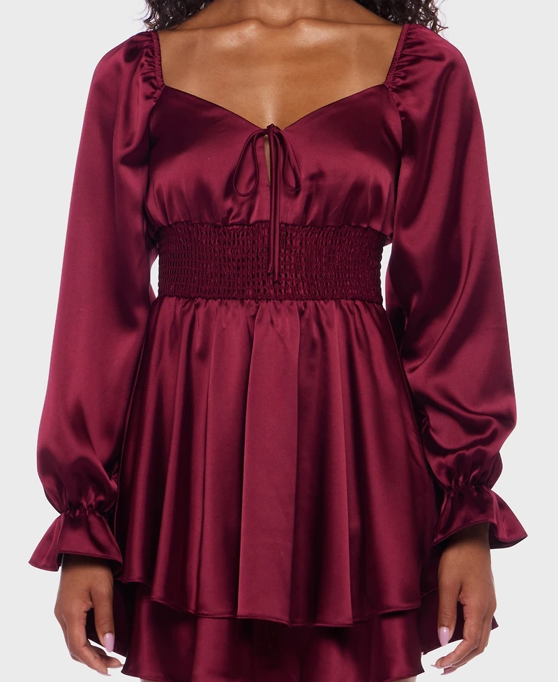 B Darlin Juniors' Satin Tie-Neck Smocked-Waist Dress