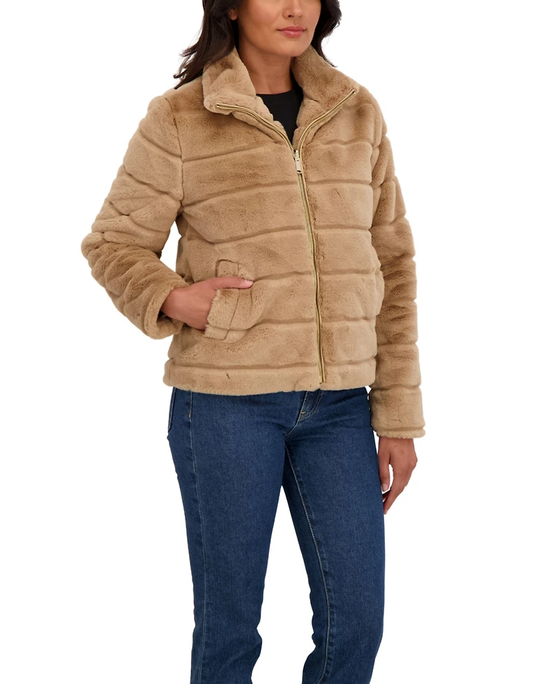 Sebby Collection Women's Grooved Short Faux Fur Jacket