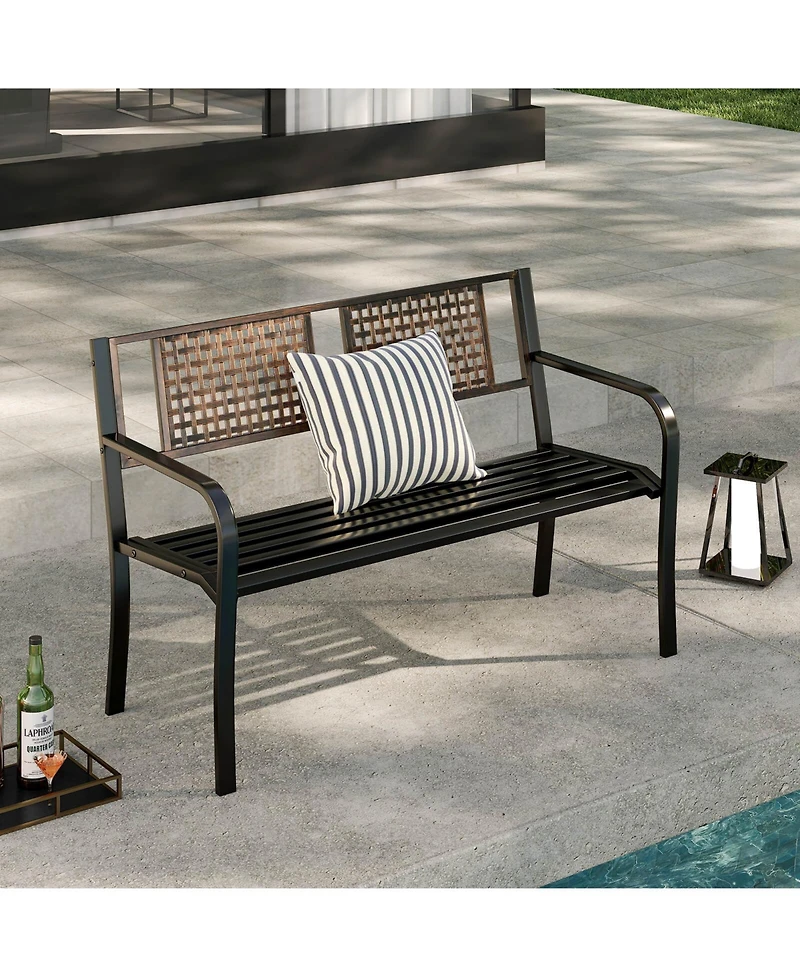 Costway 50" Outdoor Metal Park Bench with Rattan-Like Backrest & Curved Armrests
