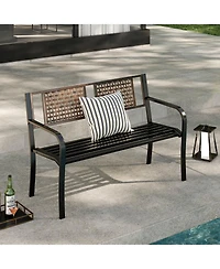 Costway 50" Outdoor Metal Park Bench with Rattan-Like Backrest & Curved Armrests