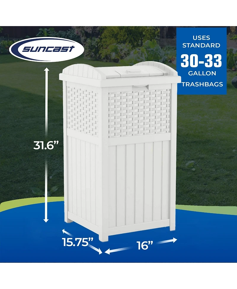 Suncast GHW1732WH Trashcan Hideaway Outdoor 33 Gallon Garbage Waste Bin, White