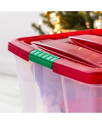 Iris Usa 94 Quart Stackable Holiday Plastic Storage Bins with Lids and Latching Buckles, Clear/Red - 2 Pack