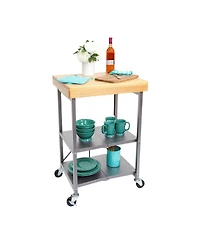 Origami Foldable Wheeled Portable Solid Wood Top Kitchen Island Bar Cart, Silver