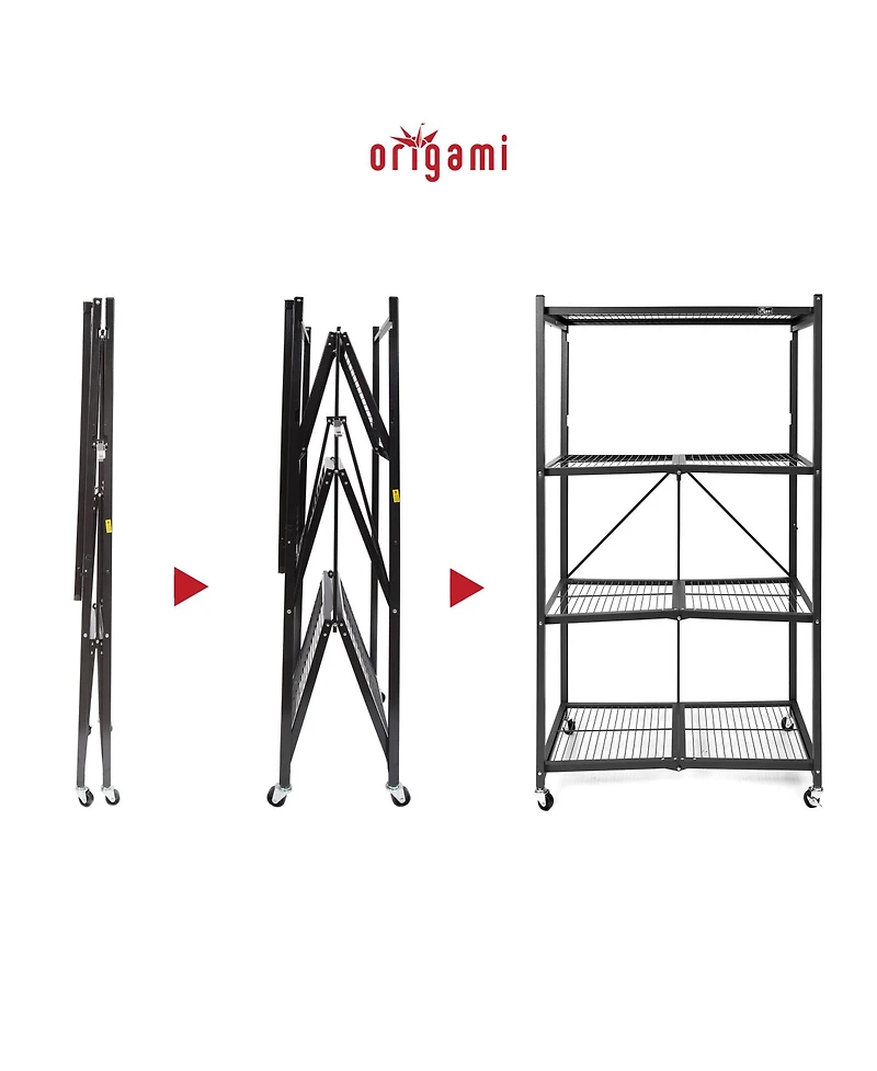 Origami R5-06W Black 4-Wheeled and 4-Shelf Folding Steel Wire Shelving Storage