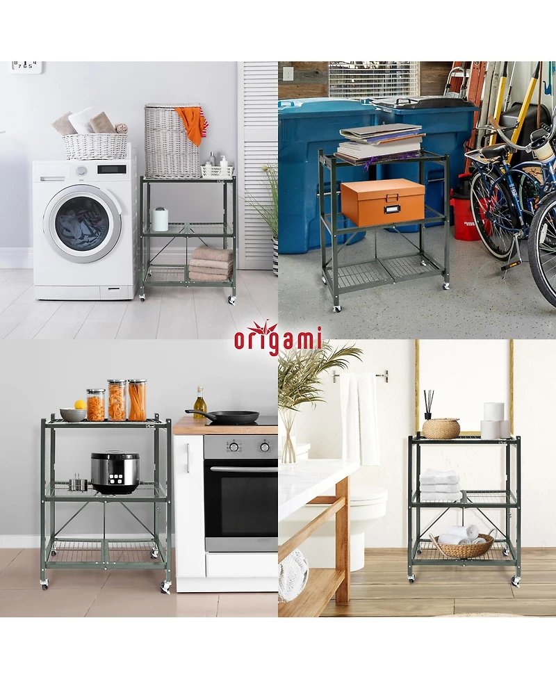 Origami R3 General Purpose Foldable 3-Tiered Shelf Storage Rack & Wheels, Pewter