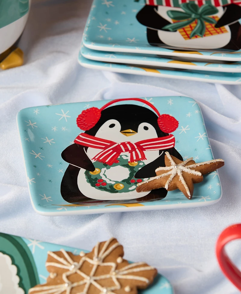Certified International Christmas Whimsy Penguin Canape Plates, Set of 4
