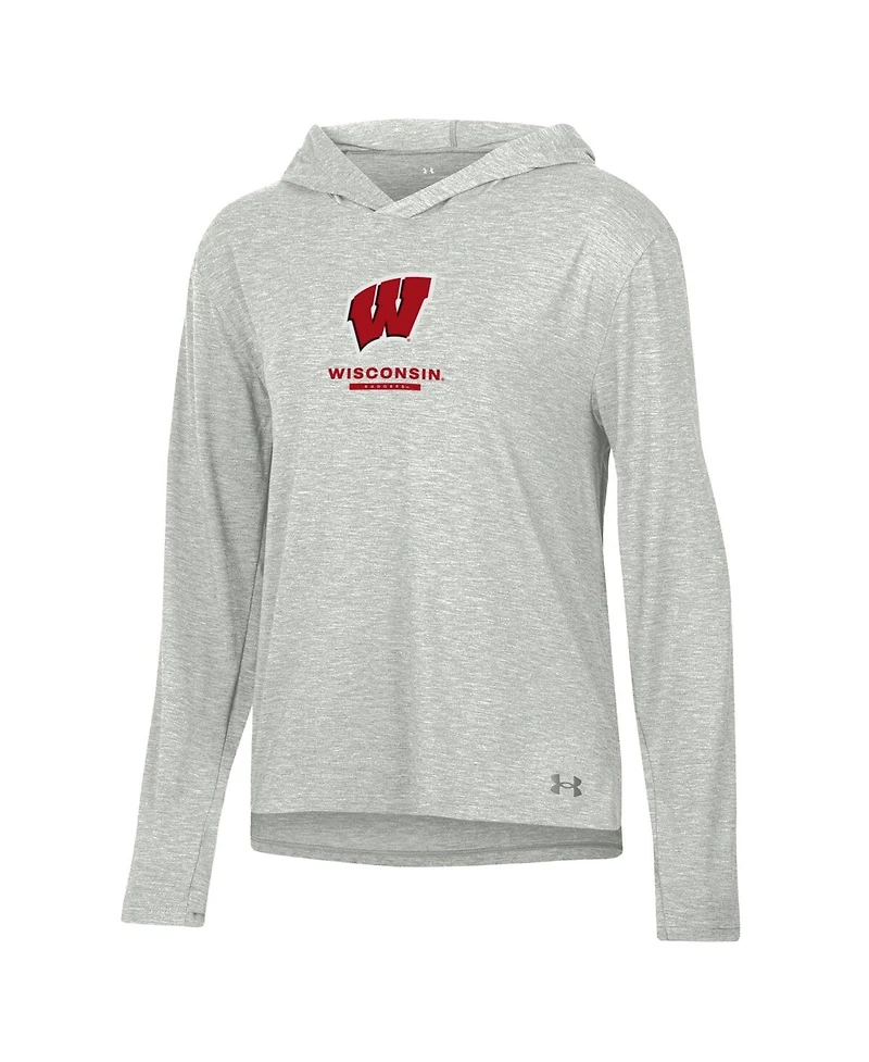 Under Armour Women's Heather Gray Wisconsin Badgers Tri-Blend Breezy Long Sleeve Hoodie T-Shirt