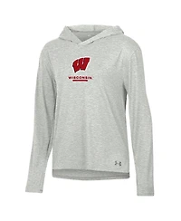 Under Armour Women's Heather Gray Wisconsin Badgers Tri-Blend Breezy Long Sleeve Hoodie T-Shirt