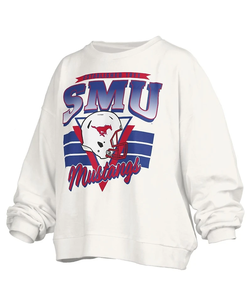 Pressbox Women's White Smu Mustangs Oversized Janice Retro Waist-Length Pullover Sweatshirt