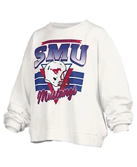 Pressbox Women's White Smu Mustangs Oversized Janice Retro Waist-Length Pullover Sweatshirt