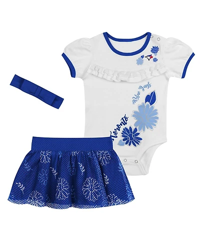 Outerstuff Newborn 2-Piece White/Royal Toronto Blue Jays Sweet Catcher 3-Piece Bodysuit, Headband and Skirt Set