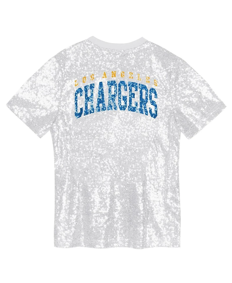 Outerstuff Big Girls White Los Angeles Chargers Wordmark Sequin V-Neck Top