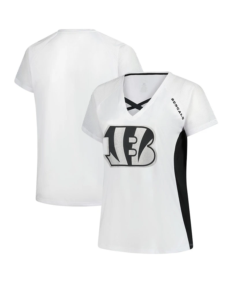 Fanatics Women's White Cincinnati Bengals Plus Glitter Lace-Up V-Neck T-Shirt