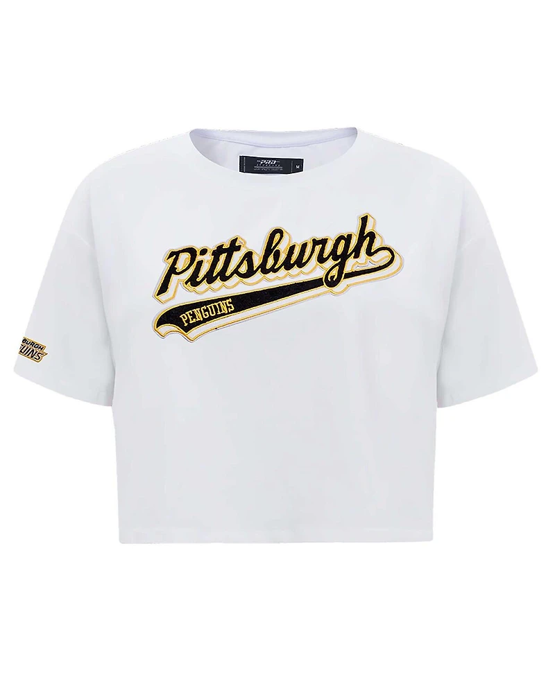 Pro Standard Women's White Pittsburgh Penguins Boxy Script Tail Cropped T-Shirt