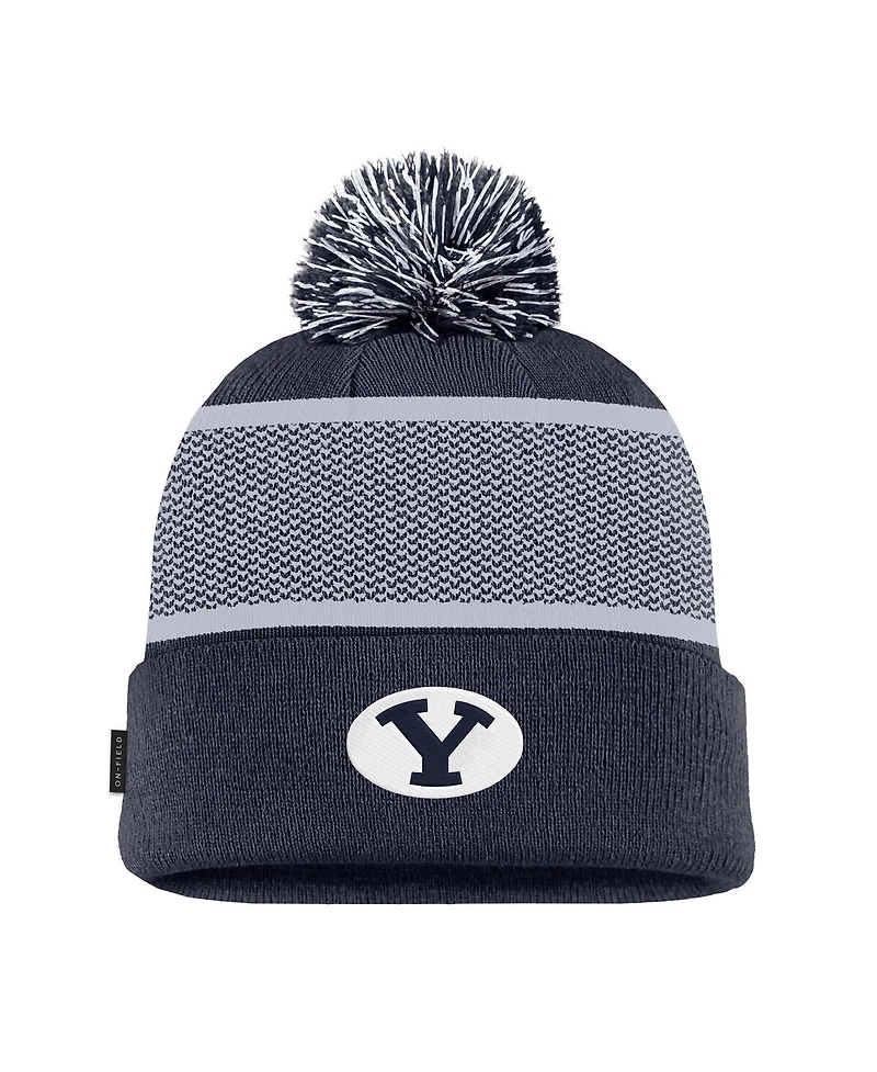 Nike Big Boys and Girls Navy Byu Cougars 2024 Sideline Peak Cuffed Knit with Pom Hat