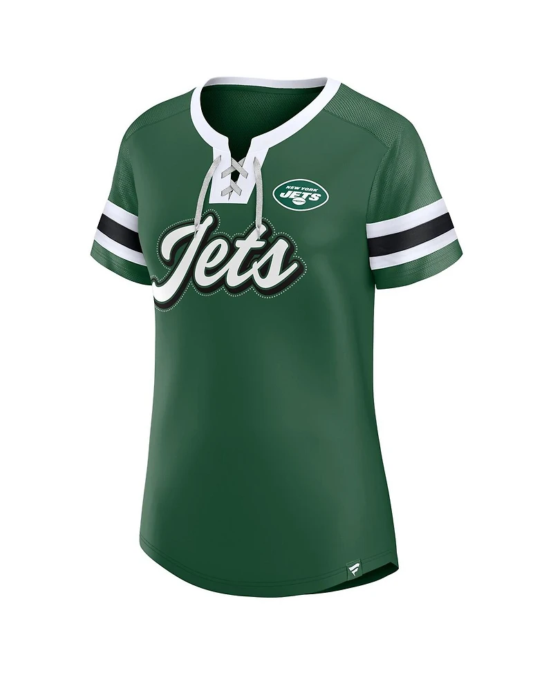Fanatics Women's Green New York Jets True Catch Iconic Rhinestone Bling Athena Lace-Up T-Shirt