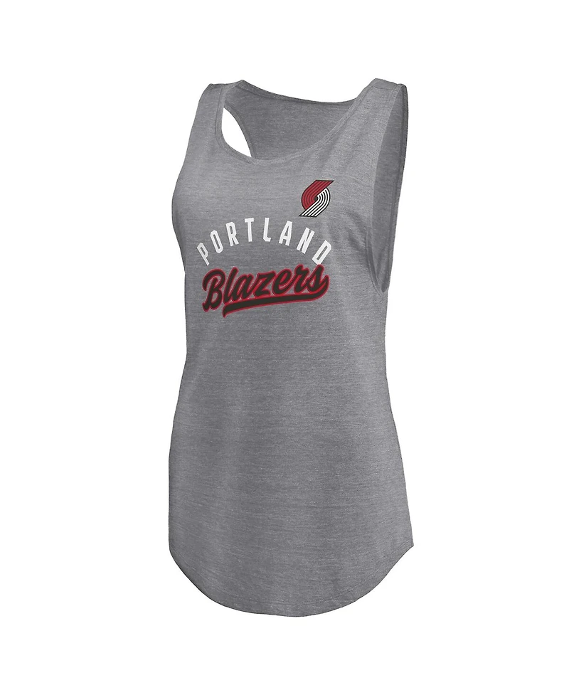 Fanatics Women's Heathered Gray Portland Trail Blazers Quality Time Open Scoop Neck Tri-Blend Tank Top
