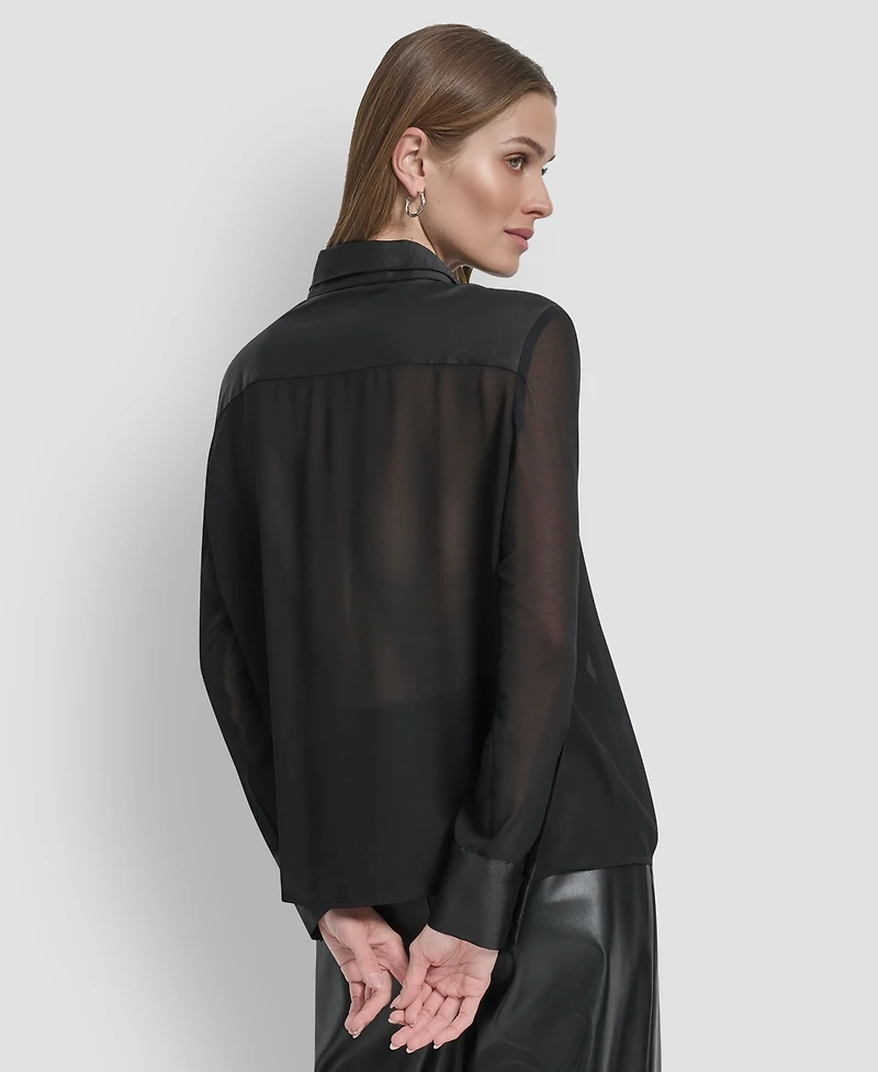 Dkny Women's Long Sleeve Chiffon Logo Button Front Top