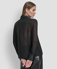 Dkny Women's Long Sleeve Chiffon Logo Button Front Top