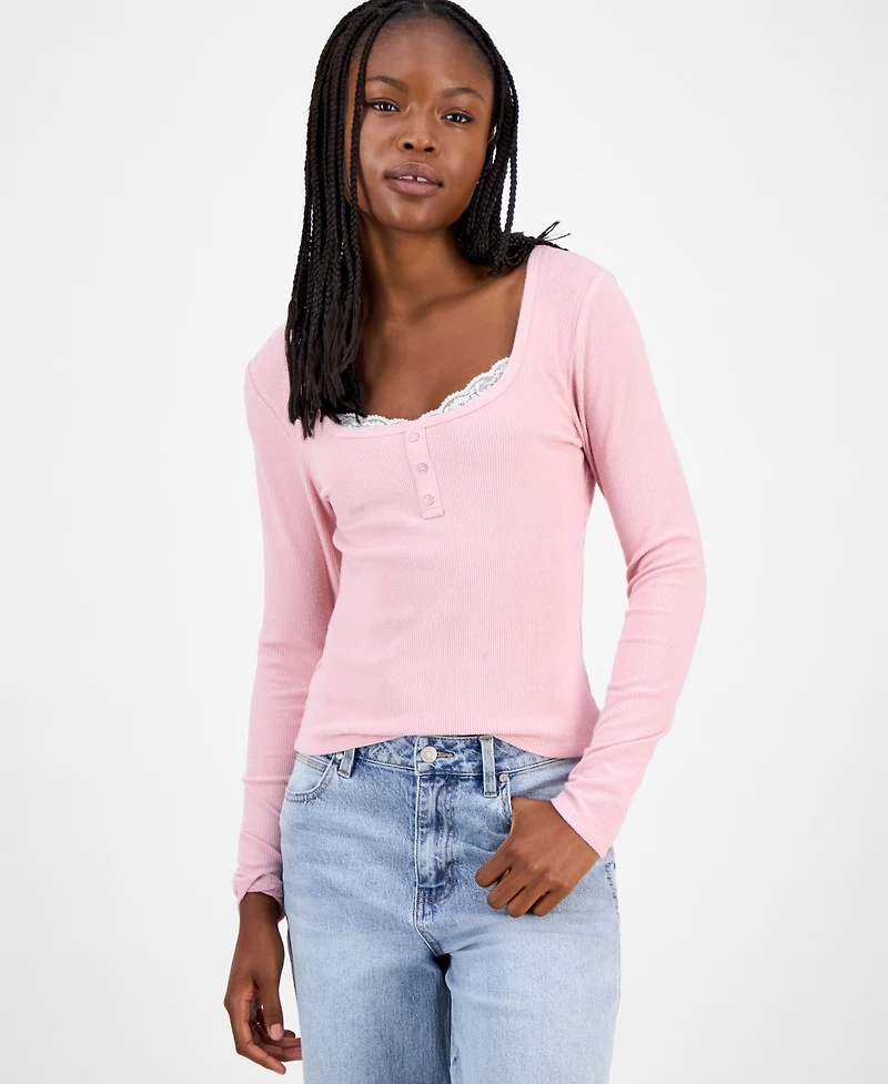 Madden Girl Juniors' Scoop-Neck Lace-Trim Henley