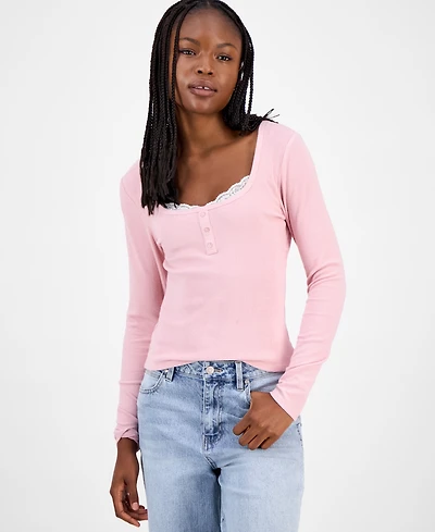 Madden Girl Juniors' Scoop-Neck Lace-Trim Henley