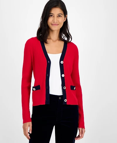 Tommy Hilfiger Women's Contrast Trim V-Neck Button-Front Cardigan