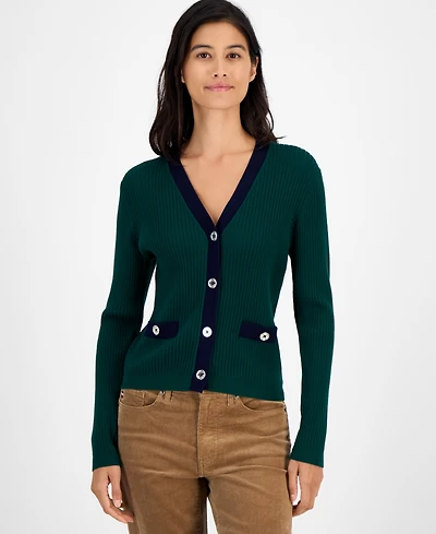 Tommy Hilfiger Women's Contrast Trim V-Neck Button-Front Cardigan
