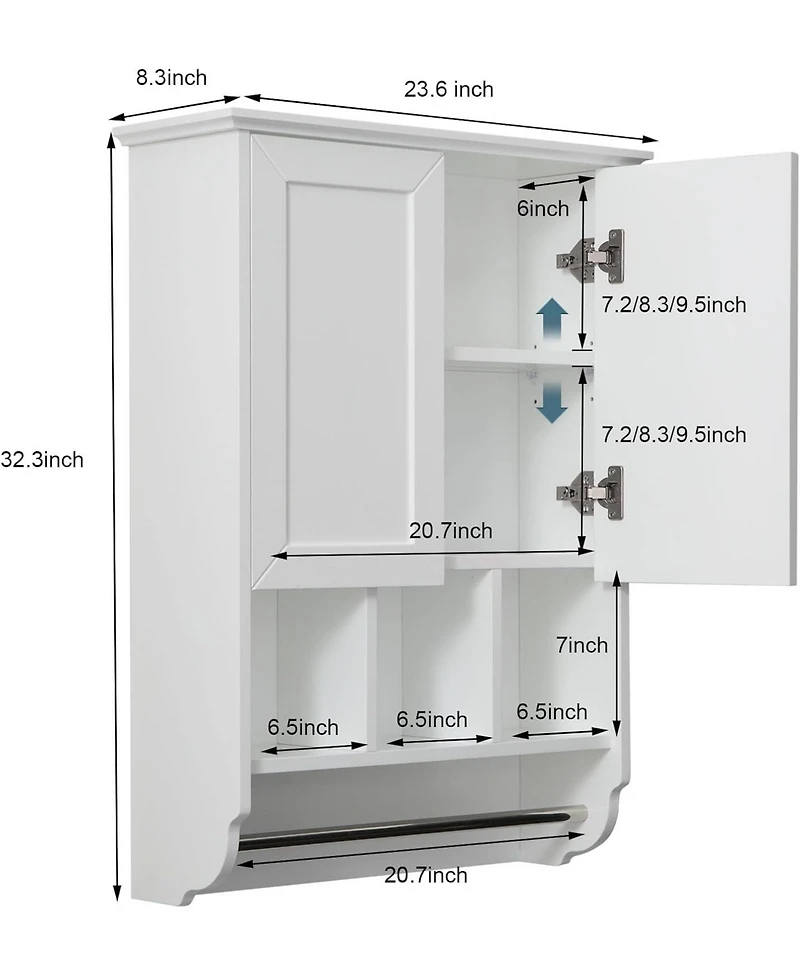 Vanirror 23x32" White Bathroom Wall Cabinet with Towel Bar & Adjustable Shelves - Over Storage for Bath, Kitchen, Laundry