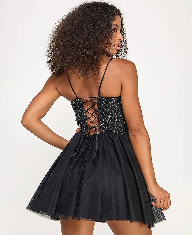Seni & Cade Juniors' Sequin Top Tulle Bottom Short Dress