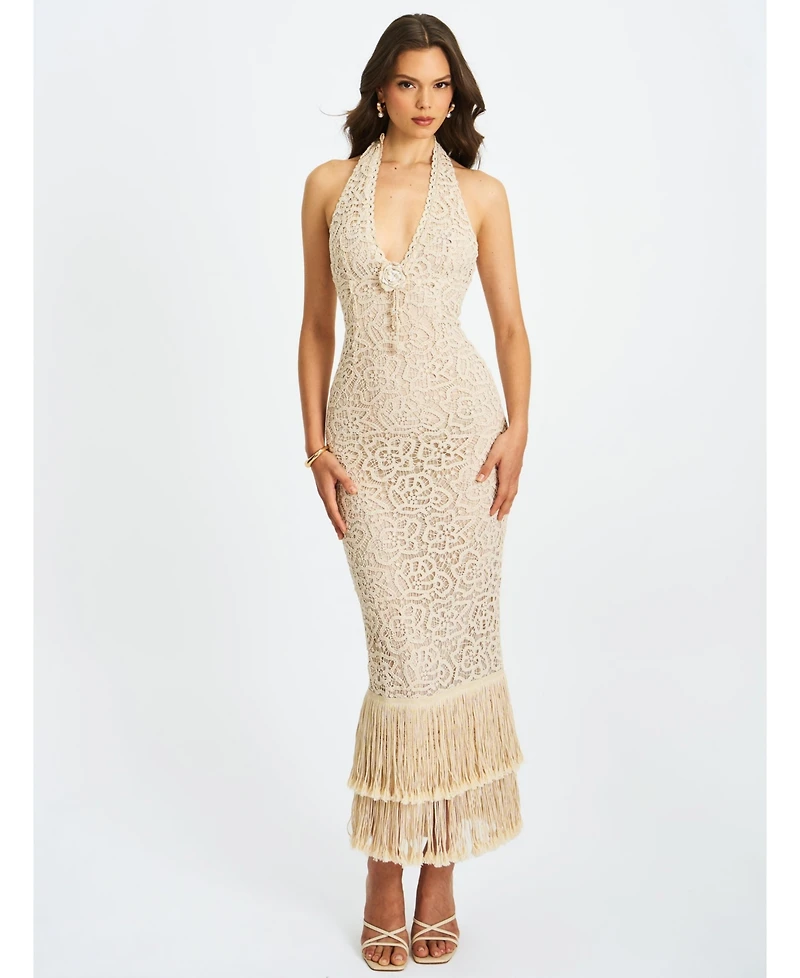 Miss Circle Women Faelyn Off-White Double Fringe Crochet Halter Maxi Dress
